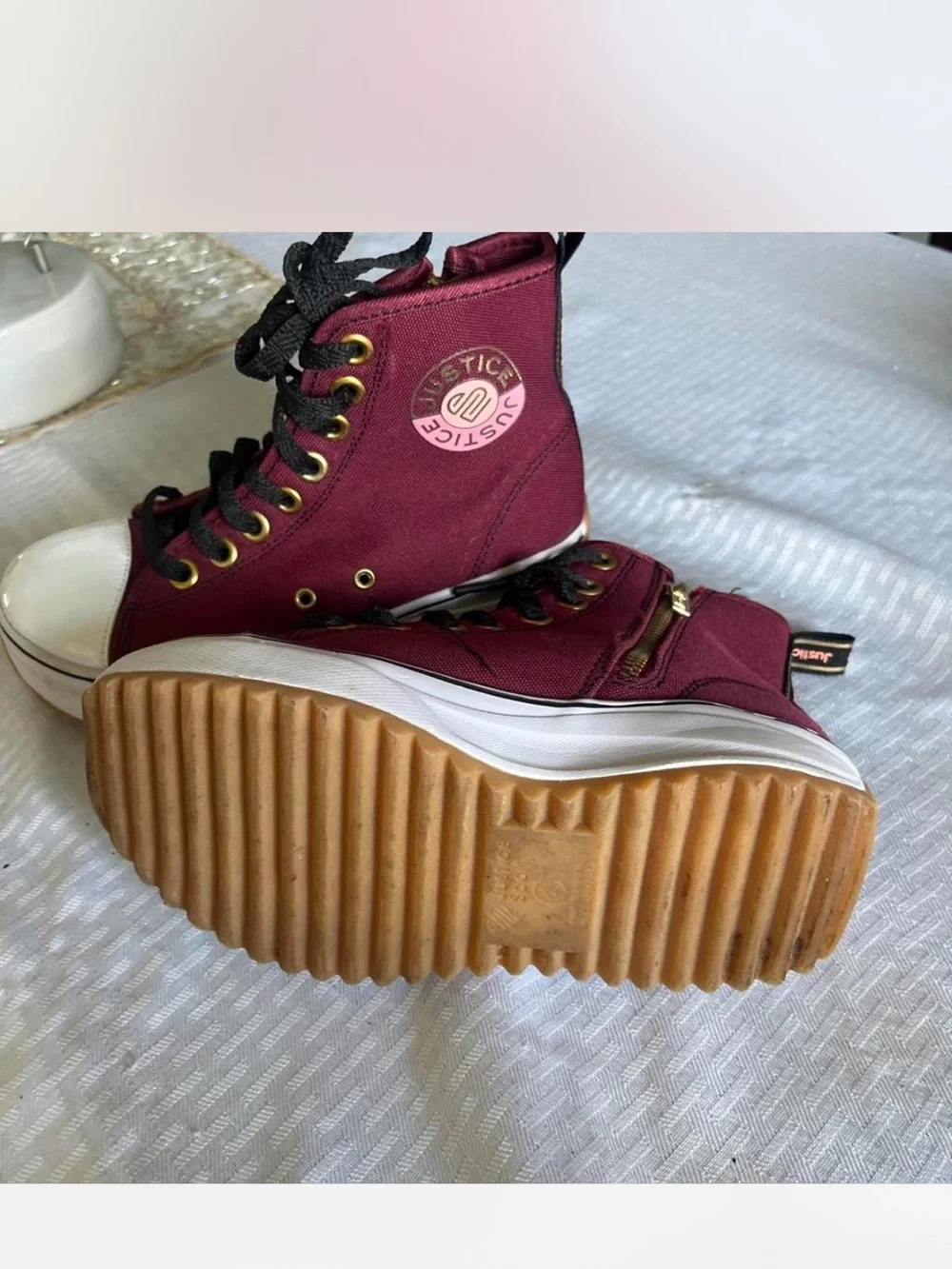 Justice girls Burgundy High-Top Sneakers with Black Laces